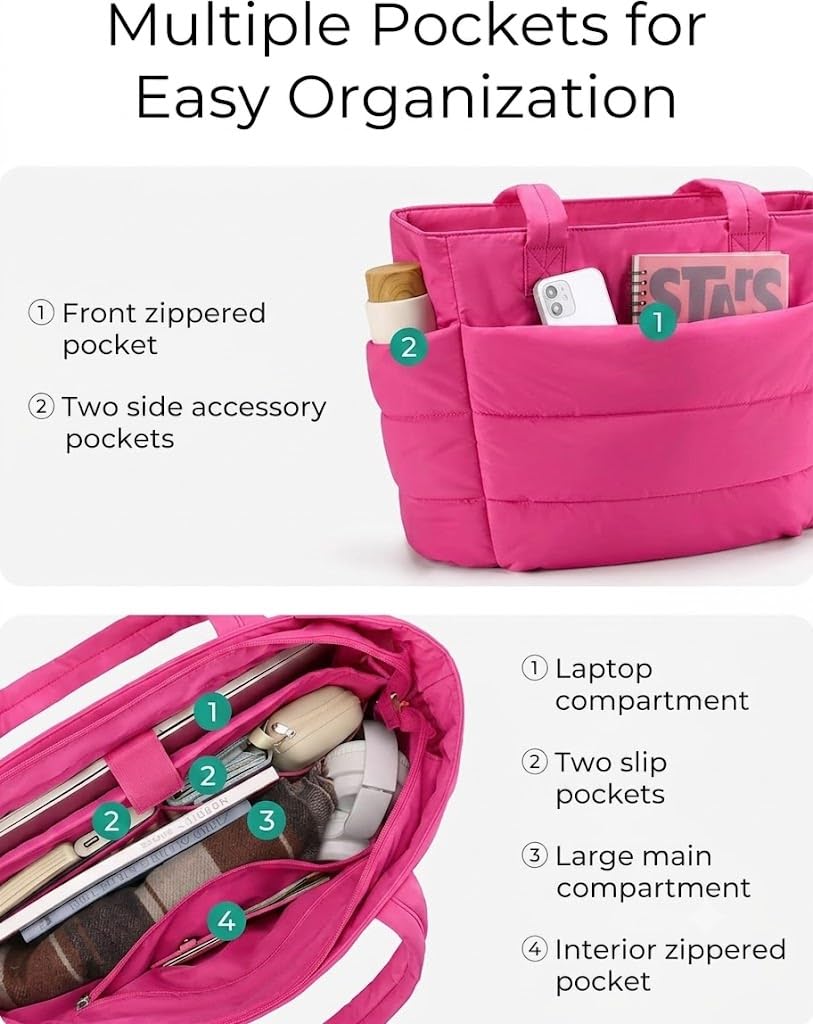 ProArch Puffer Tote Bag for Women | Waterproof Shoulder Handbag with Laptop Compartment | Quilted Puffy Office Tote | Travel, College & Work Carry Bag