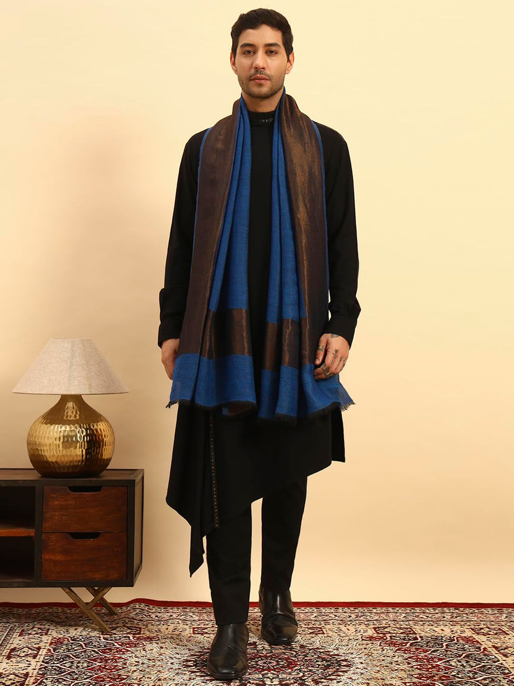 Pashmoda Men Midnight Bronze Reversible Zari Moonlight Fine Wool Stole (Size-28x80in, 71x203cm) MZSST04