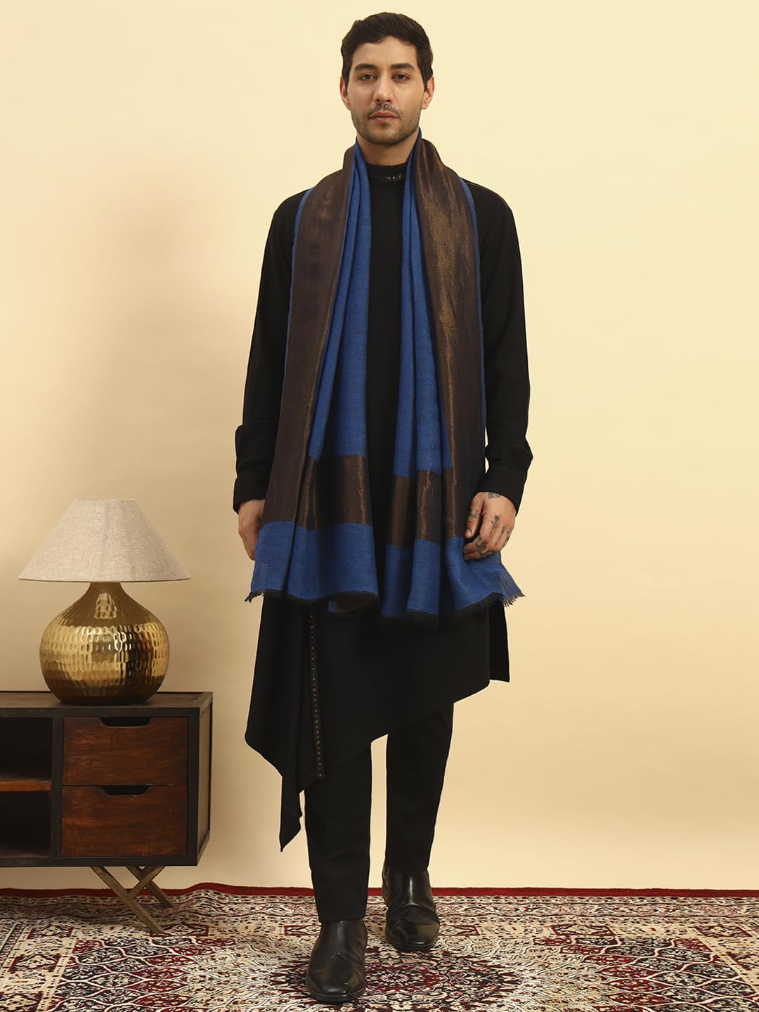 Pashmoda Men Midnight Bronze Reversible Zari Moonlight Fine Wool Stole (Size-28x80in, 71x203cm) MZSST04