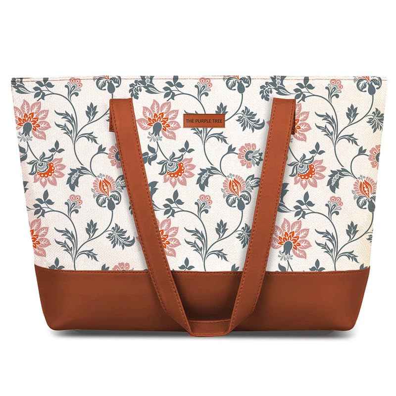 The Purple Tree Womens Handbag with Vegan Leather Handles, Floral Shoulder Bag for Office and College, Oversized Contemporary White
