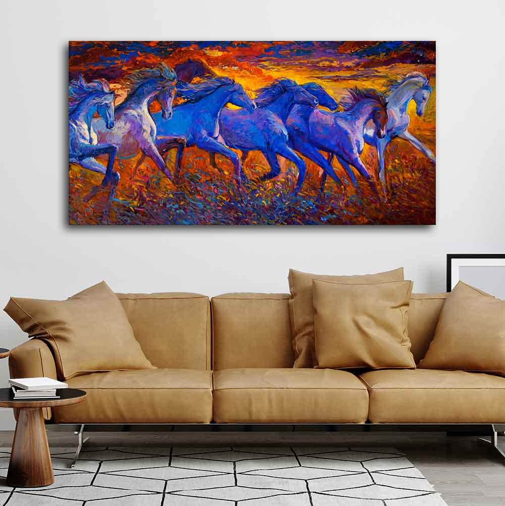 VIBECRAFTS Canvas Paintings for Living Room Drawing Room Seven Horses Running Canvas Wall Painting Fitted With Wooden Frame for Home | Office | Gift (PTVCH_2441N)