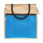 JUTEKA Front Zip Pocket Sky Blue color Jute Bag for Lunch, Office, Grocery, Picnic, Tiffin, Shopping Hand Bag with padded cotton handles…