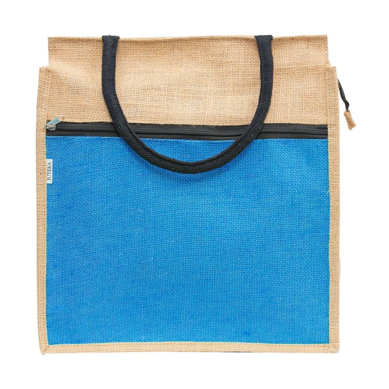 JUTEKA Front Zip Pocket Sky Blue color Jute Bag for Lunch, Office, Grocery, Picnic, Tiffin, Shopping Hand Bag with padded cotton handles…