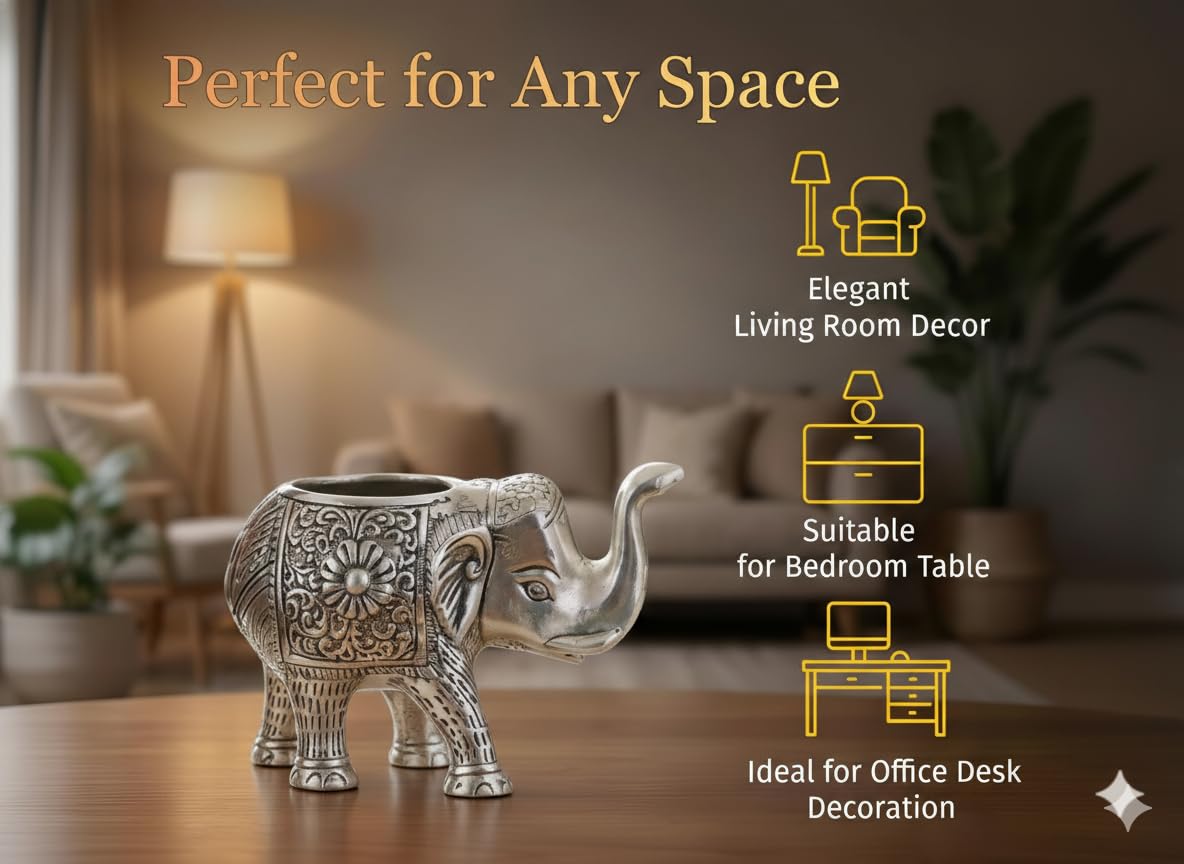 Kridaykraft Decorative Metal Trunk-Up Elephant – Multi-Purpose Small Flower Vase, T-Light Holder, and Stationery Organizer for Living Room and Office – Elegant Silver Elephant Statue for Good Luck