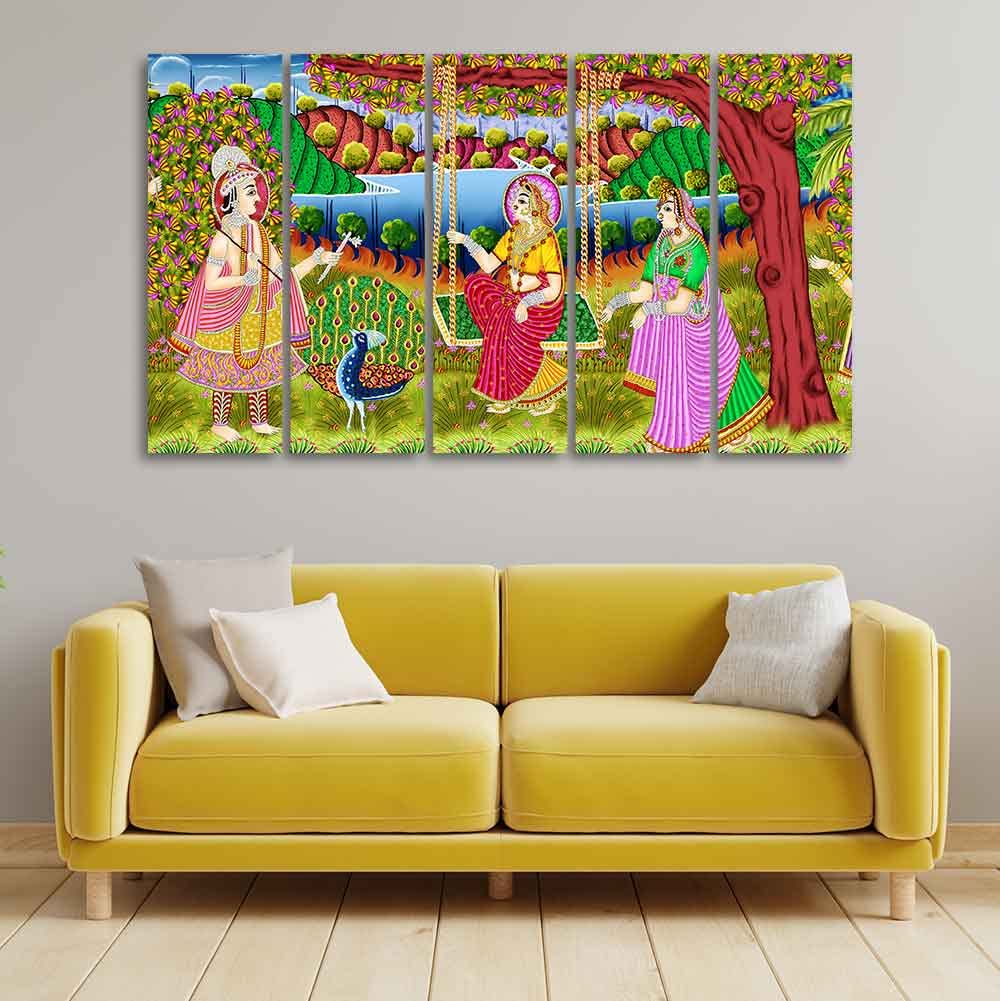 VIBECRAFTS Premium Canvas Painting of Indian Holy Place Mathura Vrindavan of Five Pieces For Home|Office|Living Room|Gift (PTVC5Pcs4_8735)