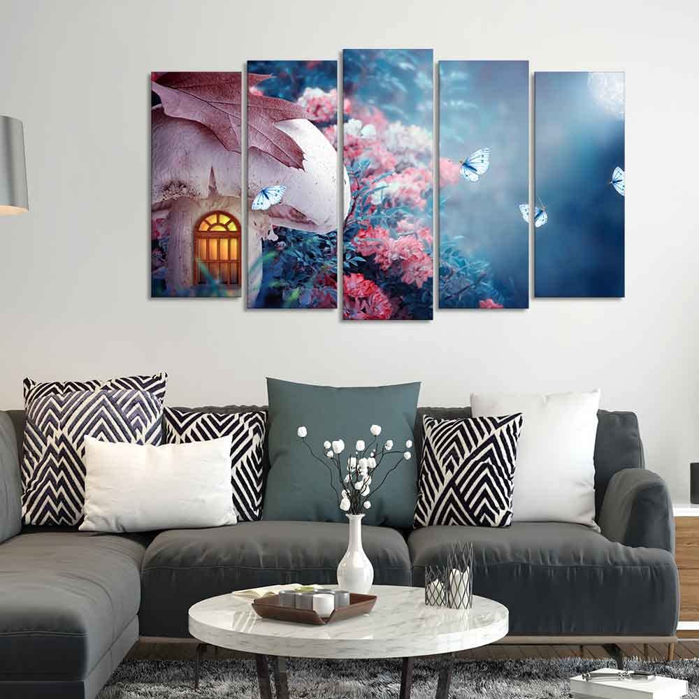 VIBECRAFTS Mushroom House in Enchanted Fairy Tale Forest Wall Painting of Five Pieces For Home|Office|Living Room|Gift (PTVC5Pcs2_6560)