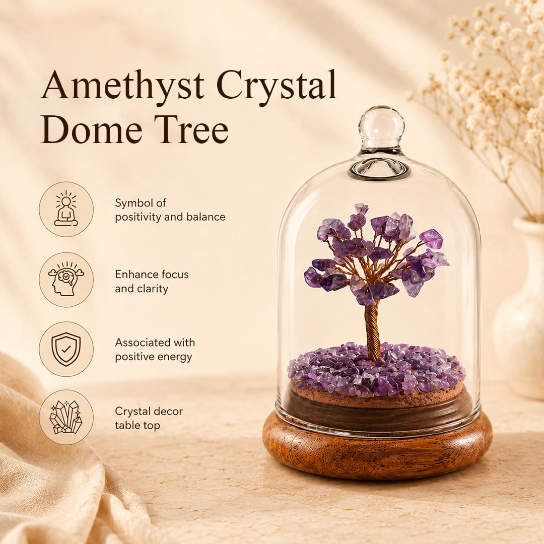 Ritualistic Amethyst Dome Crystal Wish Tree | Purple Gemstone Bonsai with Glass Dome | Healing, Third Eye & Crown Chakra Activation | Vastu & Feng Shui Spiritual Tree | Reiki Home Décor & Premium Gift