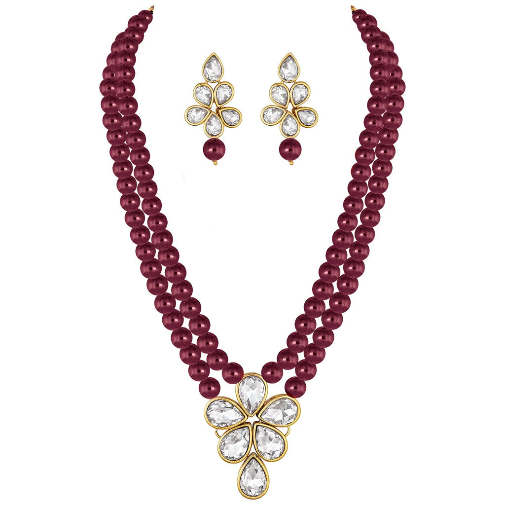 Peora Gold Plated Crystal Pearl Long Necklace Drop Earrings Set Women