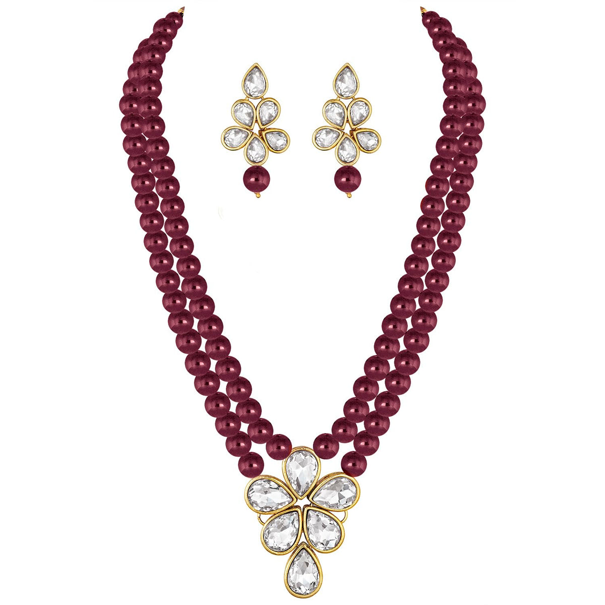 Peora Gold Plated Crystal Pearl Long Necklace Drop Earrings Set Women