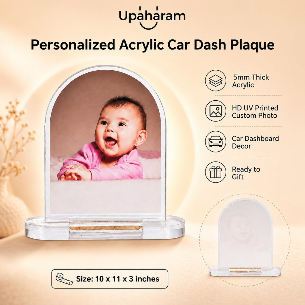 UPAHARAM Personalized Acrylic Car Dash Plaque | 5mm Thick Car Dashboard with Your Custom Photo, Size: 10 * 11 * 3 inches| HD UV Printing Customized Photo Frame | Car Accessories gift (Dome)