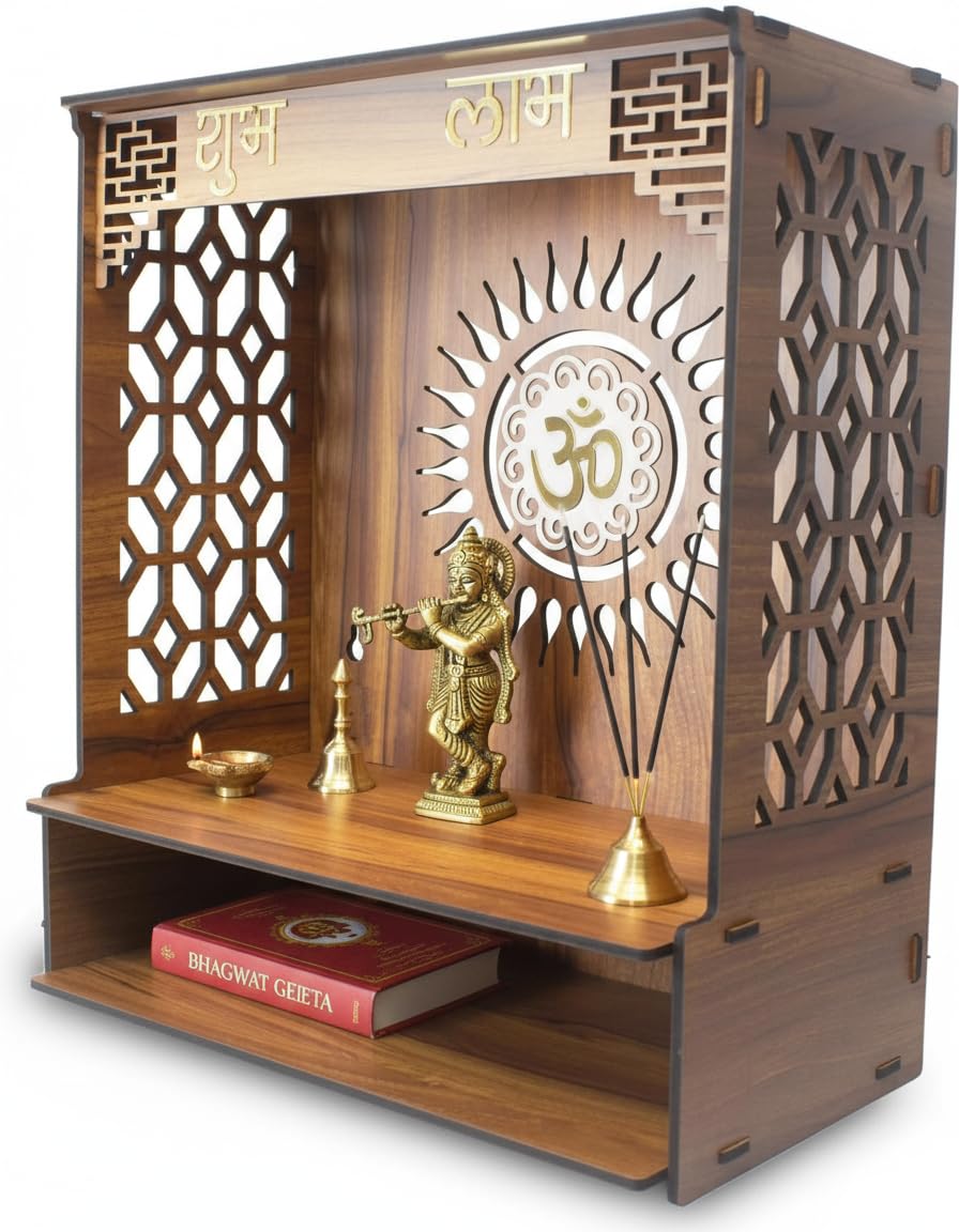 Royal Walnut Finish Wooden Pooja Mandir | Wall Mounted Home Temple with LED Lights & Spacious Storage | Premium Handcrafted Puja Unit (37.5 * 29 * 25 CM) (Large) A8