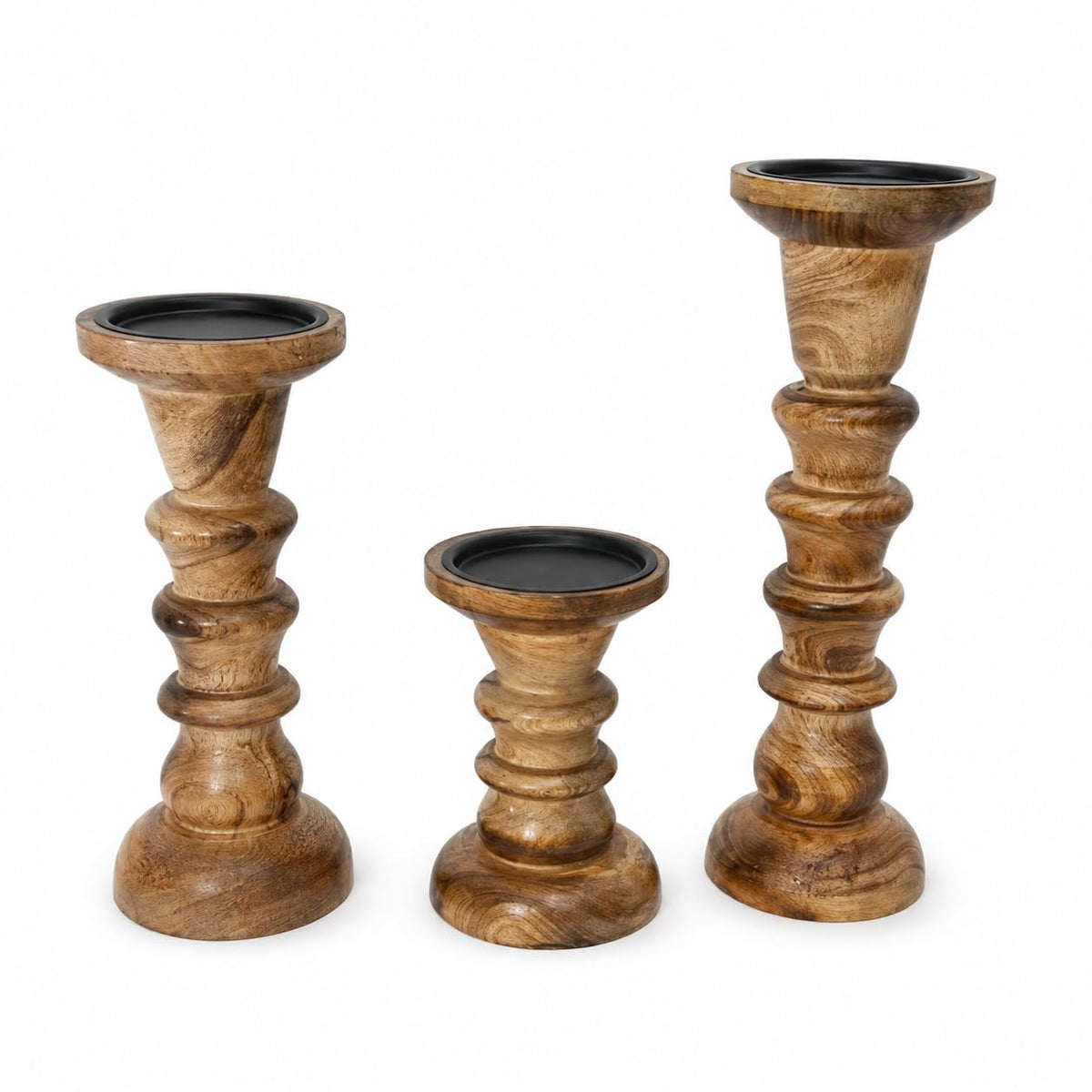 Wooden Pillar Candle Stand Set of 3 – Handcrafted Mango Wood Rustic Candle Holders for Home Décor, Dining Table Centerpiece & Wedding Decoration – Sizes 30×10cm,25 * 10 cm &15×10cm