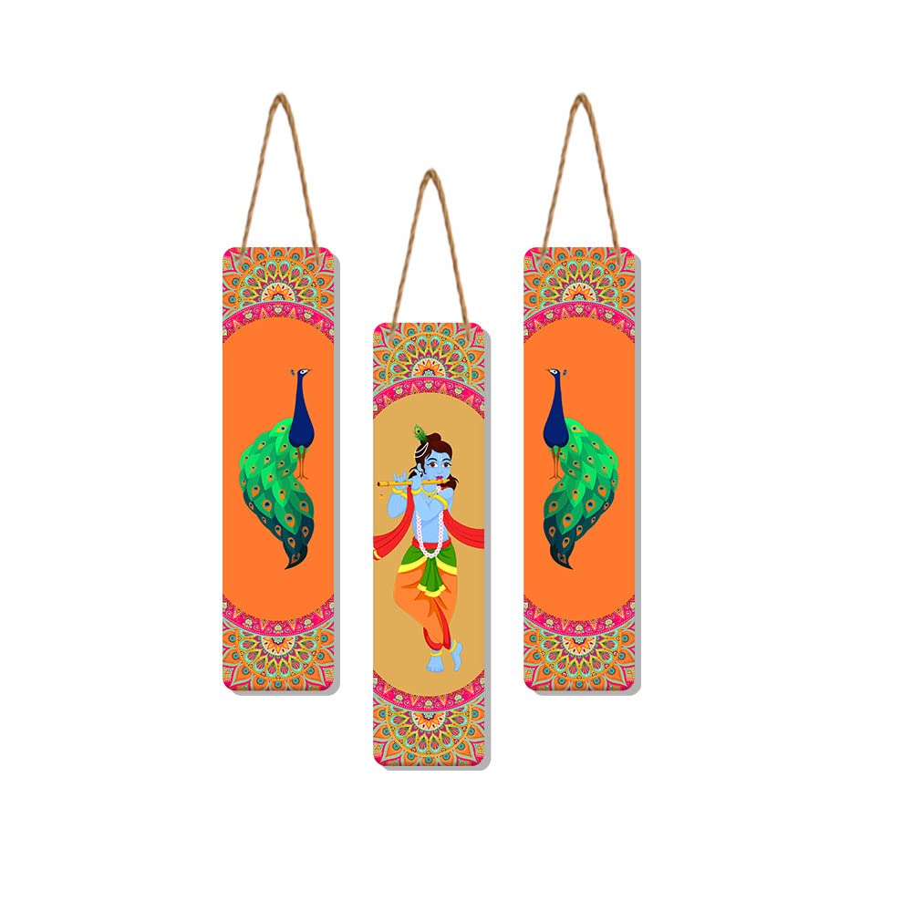 Artvibes Shri Krishna and Peacock Wall Hanging Home Decorative Wall Art for Living room | Spiritual Decor Items | Wall Illustrations | Artwork | Painting | Gift Items (WH_8106N), Set of 3