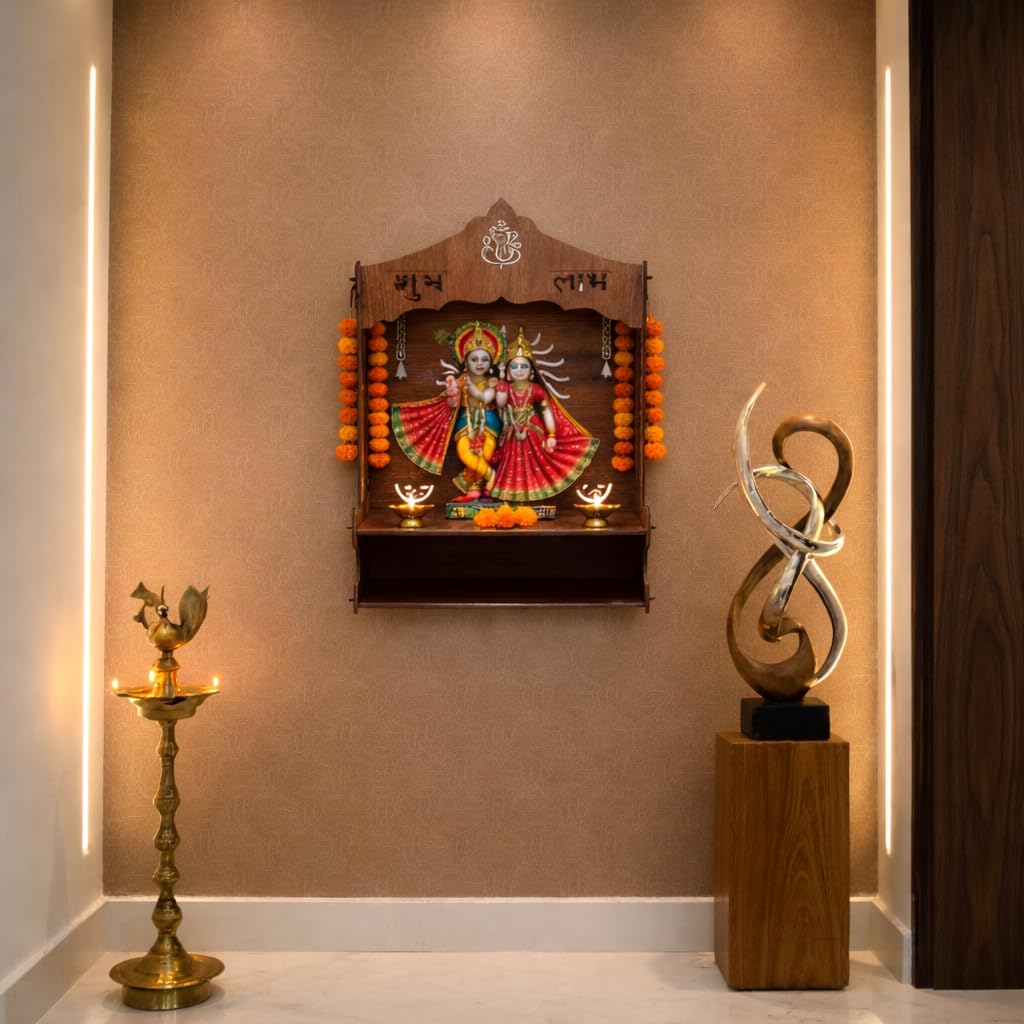 SHIV FURNITURE Mangal Beautiful Wooden Pooja Stand for Home, Temple, Office, Wall Mounted Puja Mandir with LED Spot Light, Size (H- 15.5, L- 11.5, W-11 Inch)