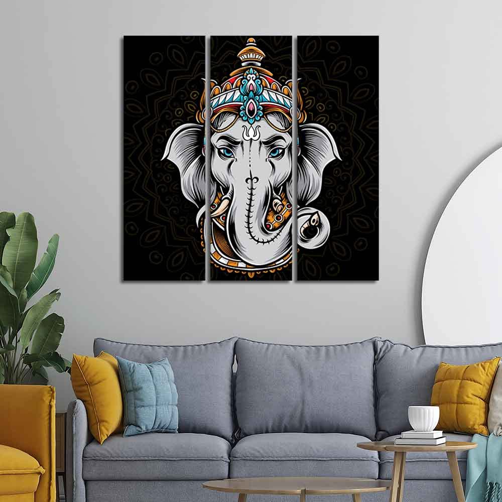 VIBECRAFTS 3 Pieces Beautiful Ganesha Head Canvas Wall Painting Fitted With Wooden Frame For Home | Office | Living Room | Gifts (PTVC3Pcs1_9581)