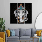 VIBECRAFTS 3 Pieces Beautiful Ganesha Head Canvas Wall Painting Fitted With Wooden Frame For Home | Office | Living Room | Gifts (PTVC3Pcs1_9581)