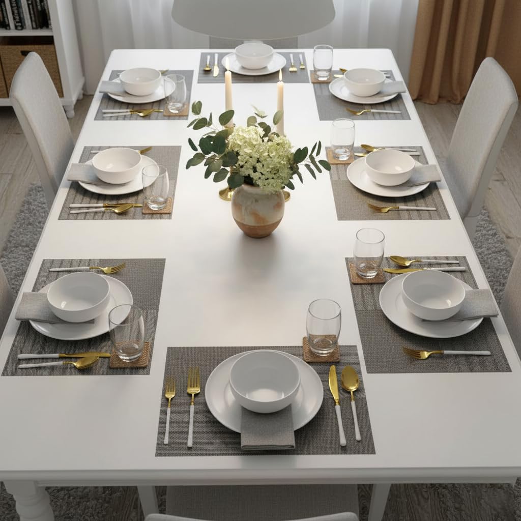 YELONA Placemats Set of 8, Heat-Resistant Woven Vinyl Table Mats, Non-Slip & Washable Dining Tablemats for Kitchen & Dinner Decor, Zinc Grey (45cm x 30cm) Kafalo