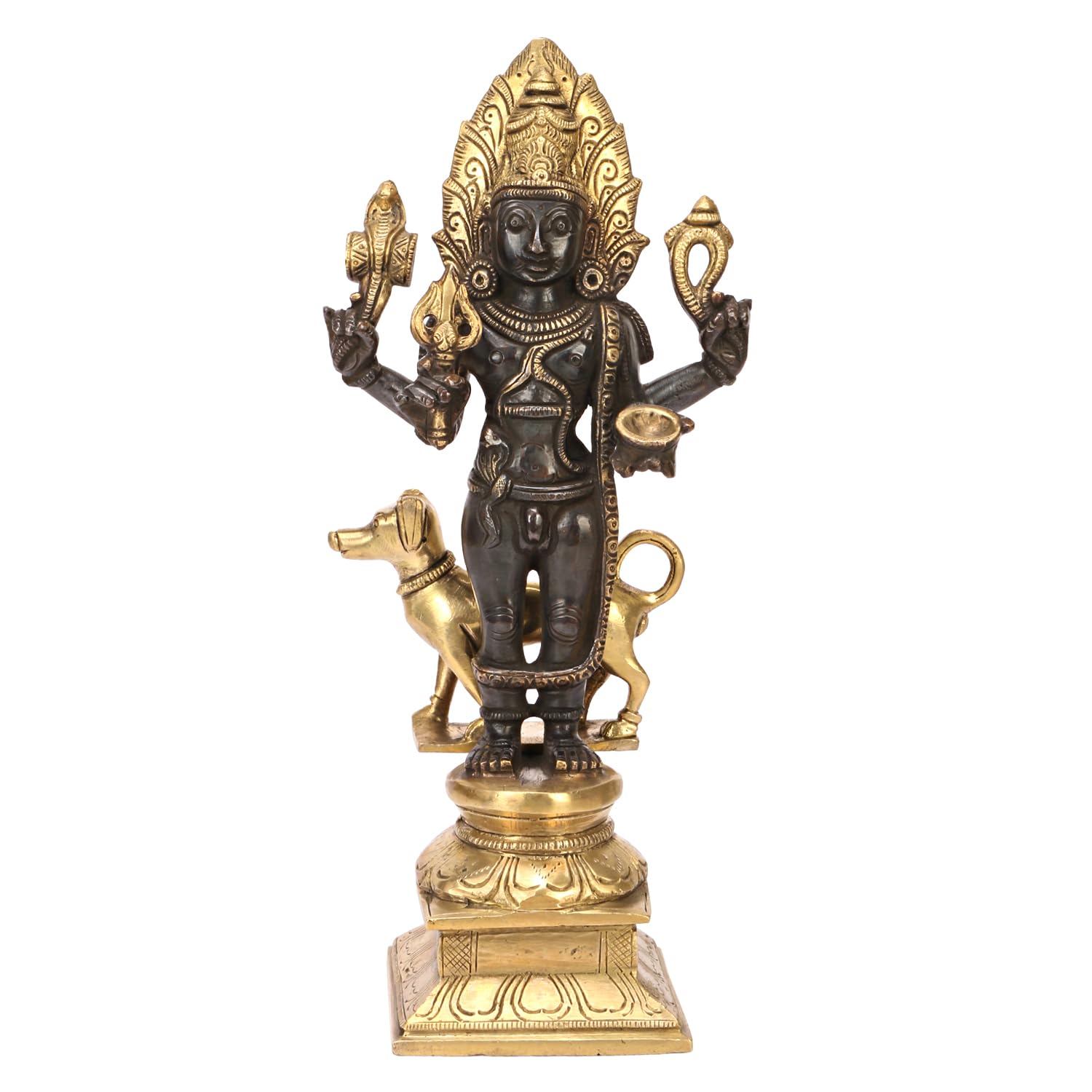 SVARUP Brass Kaal Bhairava with Dog Statue Maha Kala Murti Batuk Bhairava Puja Home Decor Idol Black Gold Color 11.5 Inch