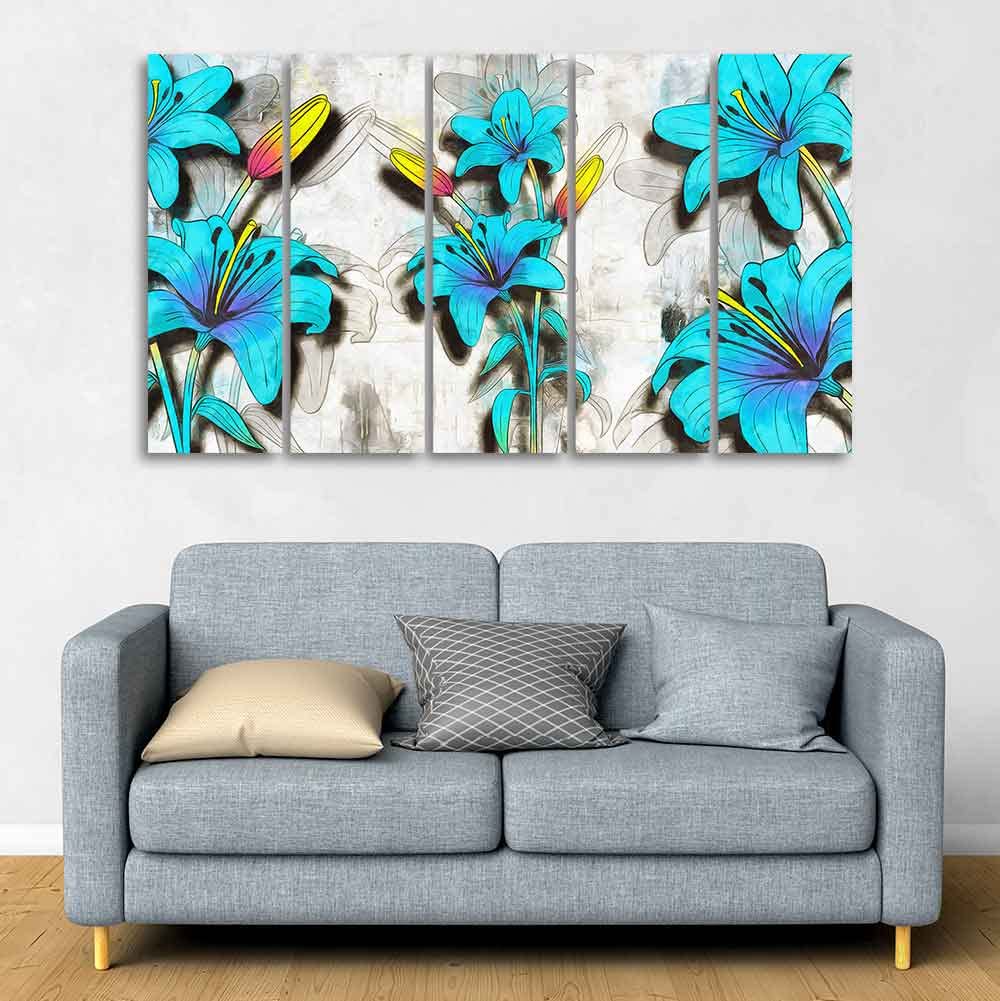 VIBECRAFTS Blue Lily Flowers Canvas Wall Painting of Five Pieces For Home|Office|Living Room|Gift (PTVC5Pcs4_8702)