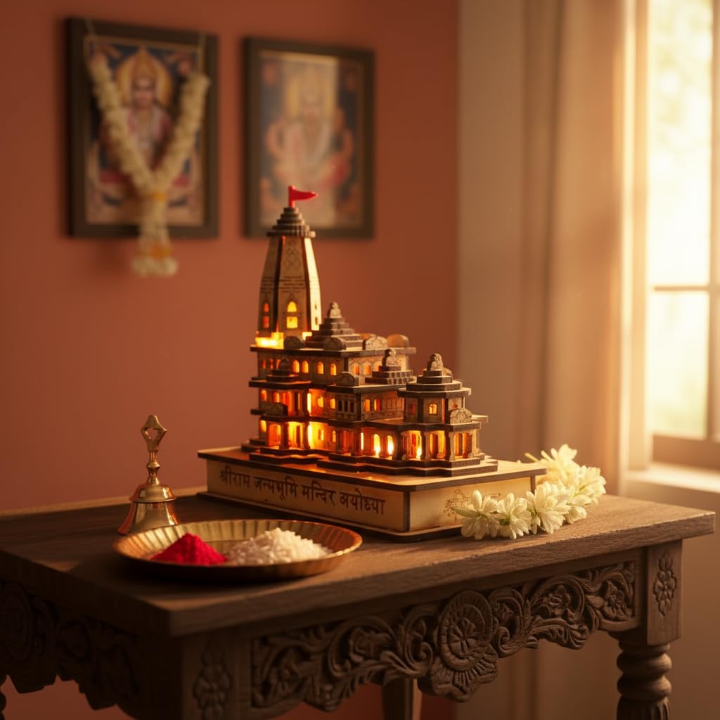 eXme Ram Mandir Ayodhya 3D Model | Handcrafted Wooden Ram Mandir with Light | Perfect for Home Decor, Spiritual Altars, Religious Gifts, Car Dashboard (with Light)