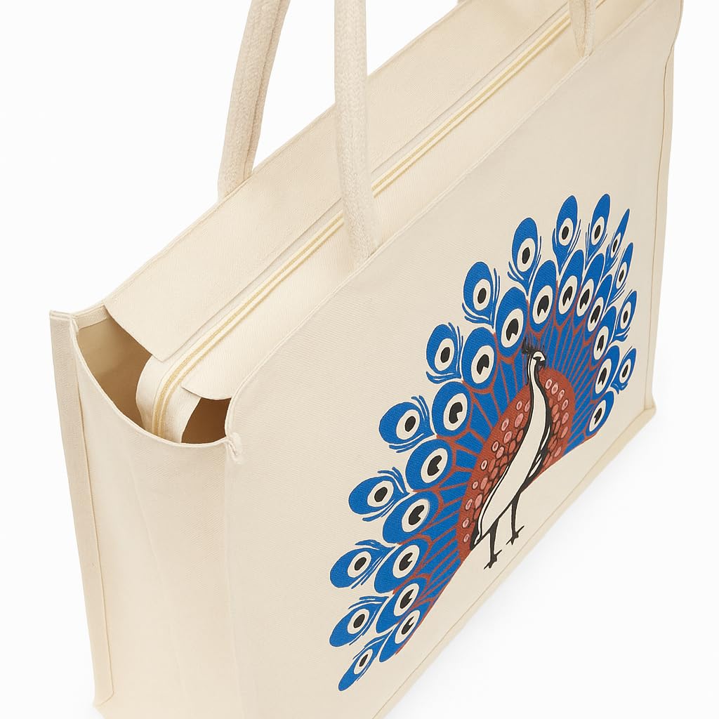 Eco-Friendly Cotton Jute Tote Bag with Peacock Print, Handcrafted Reusable Shopping Bag, Multipurpose Carry Bag