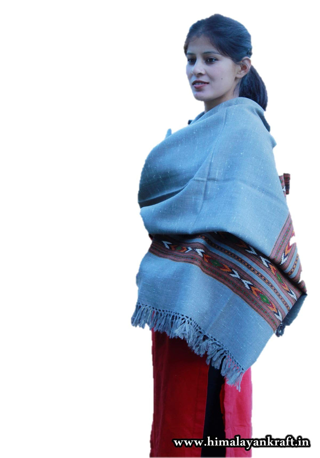 HImalayanKraft Hand Woven Kullu Handloom Woolen Shawl Grey Colored with Beautiful Kullu Weaving Designed for Women and Girls.