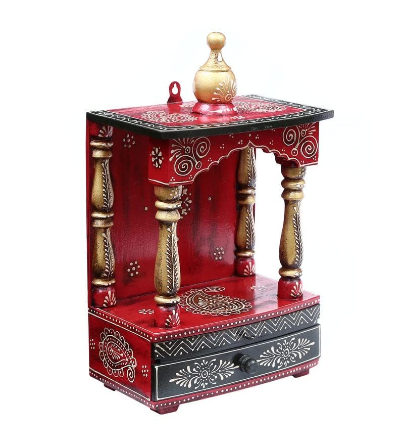 DESERT ART Red Colour Mango Wood Pooja Mandir Without Door – Handcrafted Temple for Home and Office Decor
