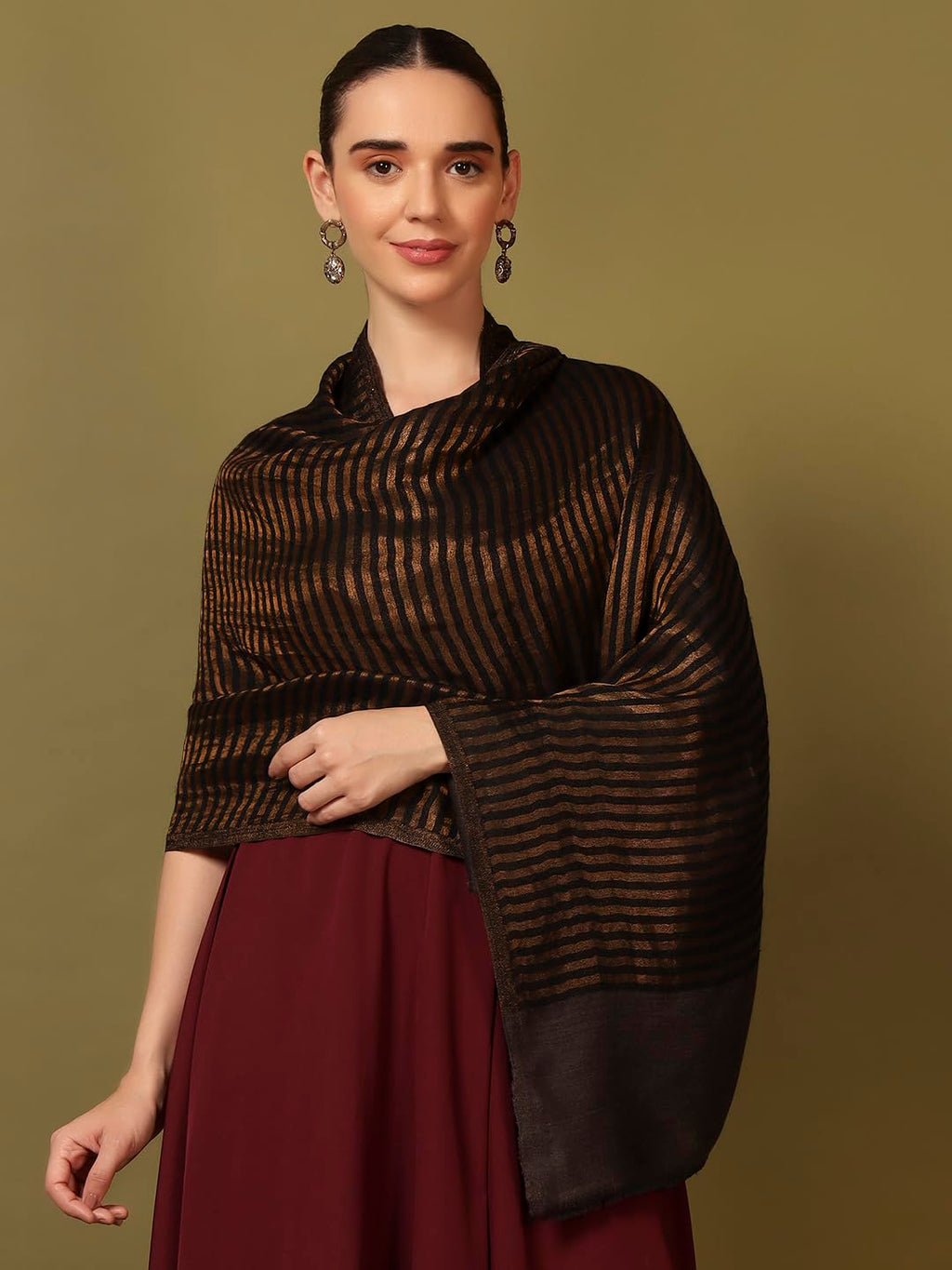 Pashmoda Women Golden Eclipse Reversible Zari Moonlight Fine Wool Stole (Size : 28x80in, 71X203cm) ZSST03