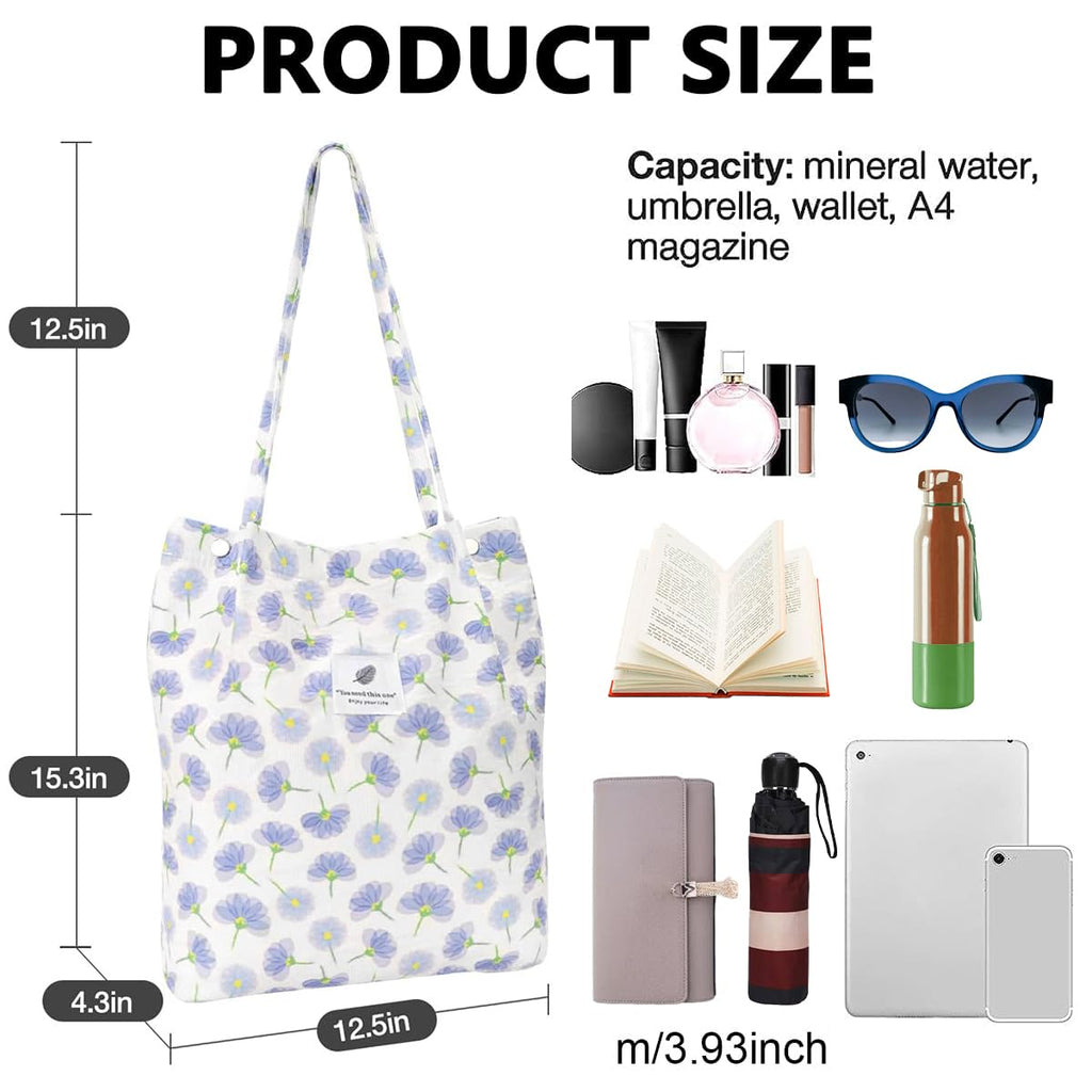 Street27 Womens Korean Canvas Corduroy Tote Bag Casual Work Shoulder Handbags|Multi-Purpose Bag |Sturdy Canvas Bag With Large Capacity|Shopping Bag For Office, College & Daily Use (Purple Flower)