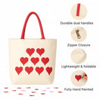 ZIG ZAG BAGS Canvas Tote Bag with Zipper | Hearts Design | Hand-Painted Cotton Tote for Girls, Office & Shopping | Eco-Friendly Cloth Handbag | Stylish Shoulder Shopping Bag for Women (Hearts)