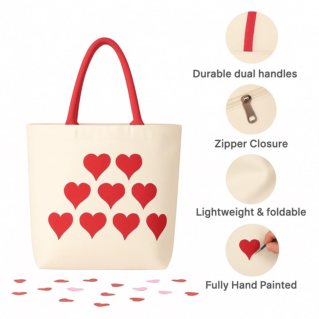 ZIG ZAG BAGS Canvas Tote Bag with Zipper | Hearts Design | Hand-Painted Cotton Tote for Girls, Office & Shopping | Eco-Friendly Cloth Handbag | Stylish Shoulder Shopping Bag for Women (Hearts)