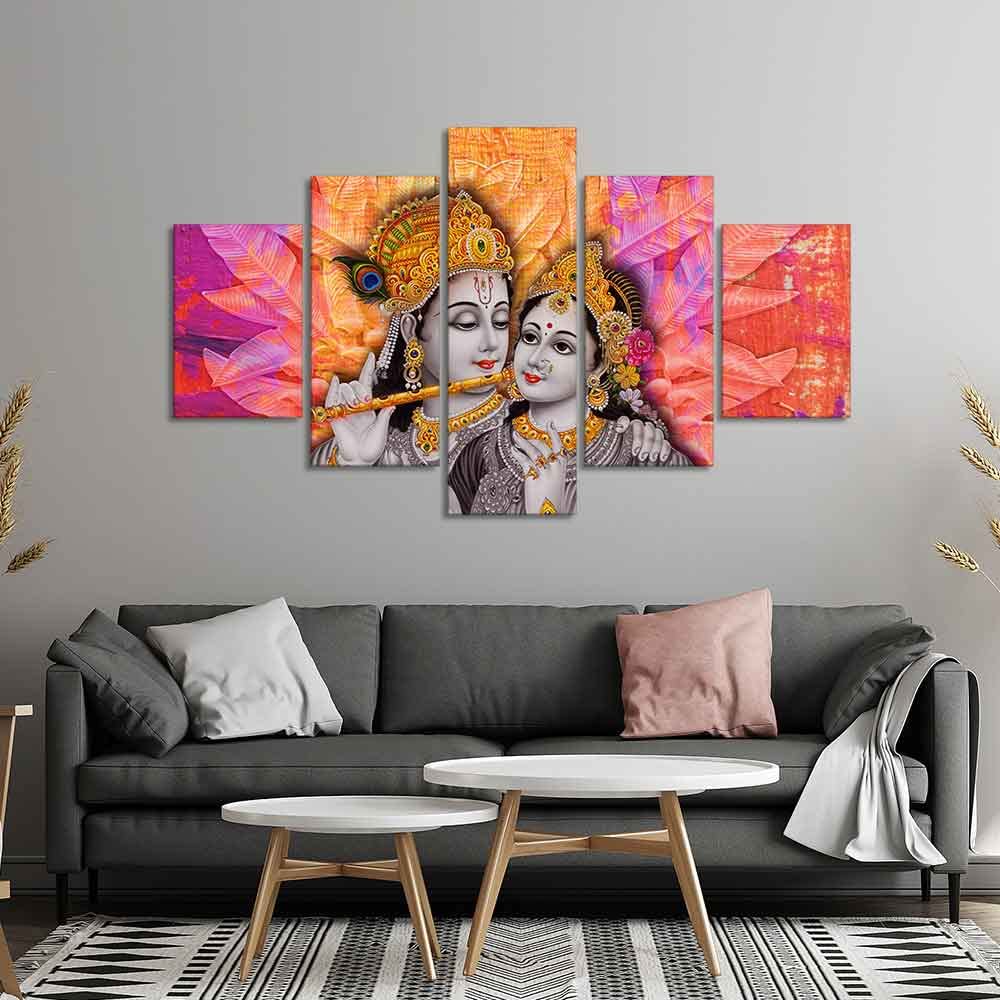 VIBECRAFTS Colorful Wall Painting of Radha Krishna of Five Pieces For Home|Office|Living Room|Gift (PTVC5Pcs1_5542)