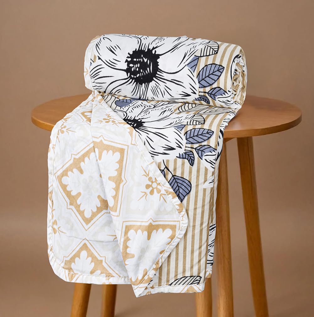 BSB HOME All-Season AC Dohar for Double Bed | 100% Microfiber | Lightweight Breathable Reversible 2 Layer Dohar Blanket for Summer & Air-Conditioned Rooms - Traditional Prints, White and Grey Kafalo