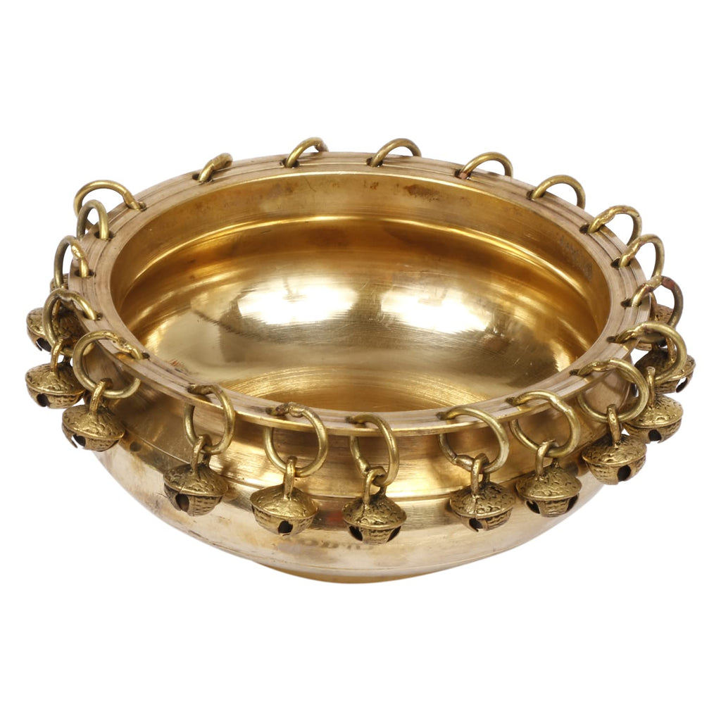 ARTVARKO™ Traditional Brass Urli with Bells Flowers Bowl Showpiece for Floating Candles Home and Office Decoration Diwali Decoration Gift 6 Inch