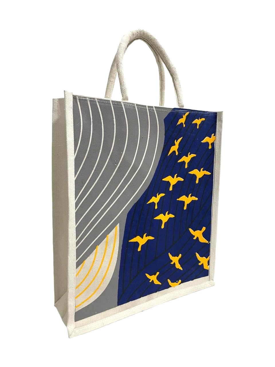 Jute Club Printed Canvas Bag|Shopping|Office|Tiffin| Multipurpose|Eco Friendly with Zipper lock|Spacious|100% Organic Cotton Tote with Lamination-14 X16 X5 (5Pc, Flying Birds)