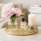 The Unique Designs Gold Finish Decorative Metal Tray | Multipurpose Serving & Vanity Tray | Premium Cutwork Design | Home Décor Organizer | 28 x 4 cm (Gold)