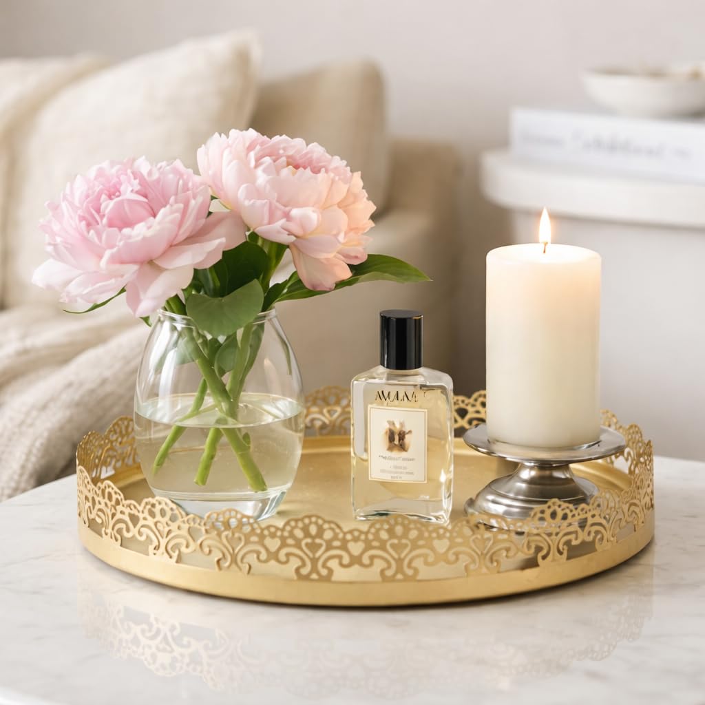 The Unique Designs Gold Finish Decorative Metal Tray | Multipurpose Serving & Vanity Tray | Premium Cutwork Design | Home Décor Organizer | 28 x 4 cm (Gold)