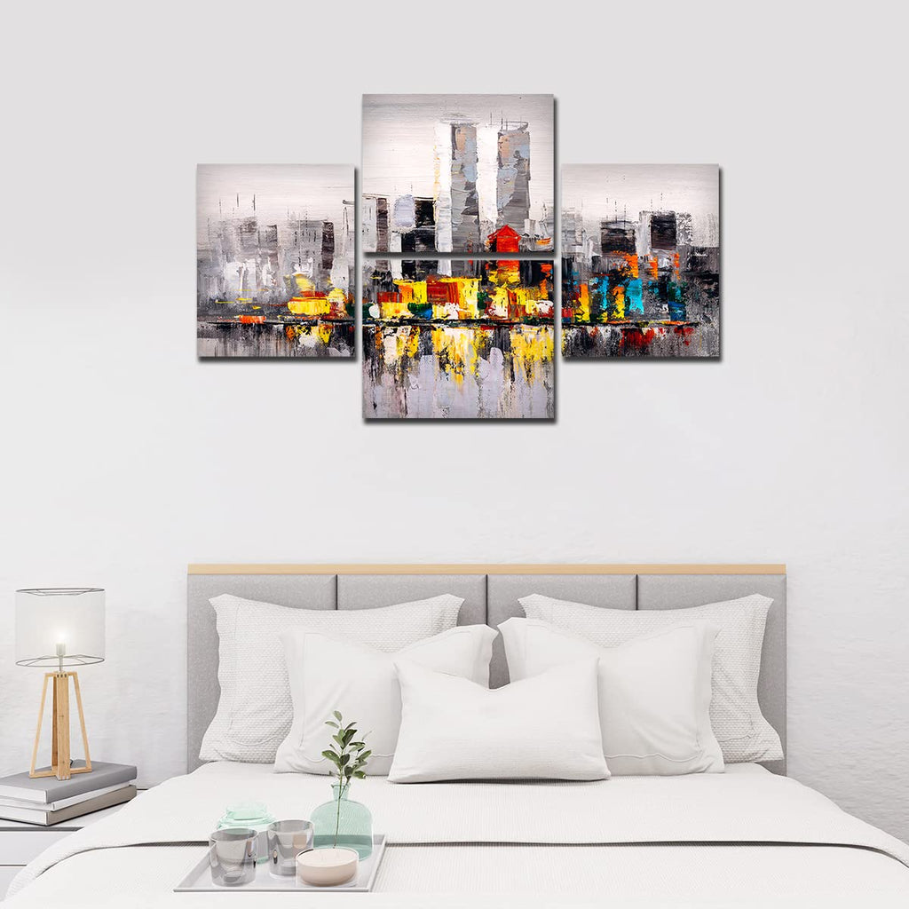 VIBECRAFTS New York City Skyline 4 Pieces Canvas Wall Painting Fitted With Wooden Frame For Home | Office | Living Room | Gifts (PTVC4Pcs4_16503)