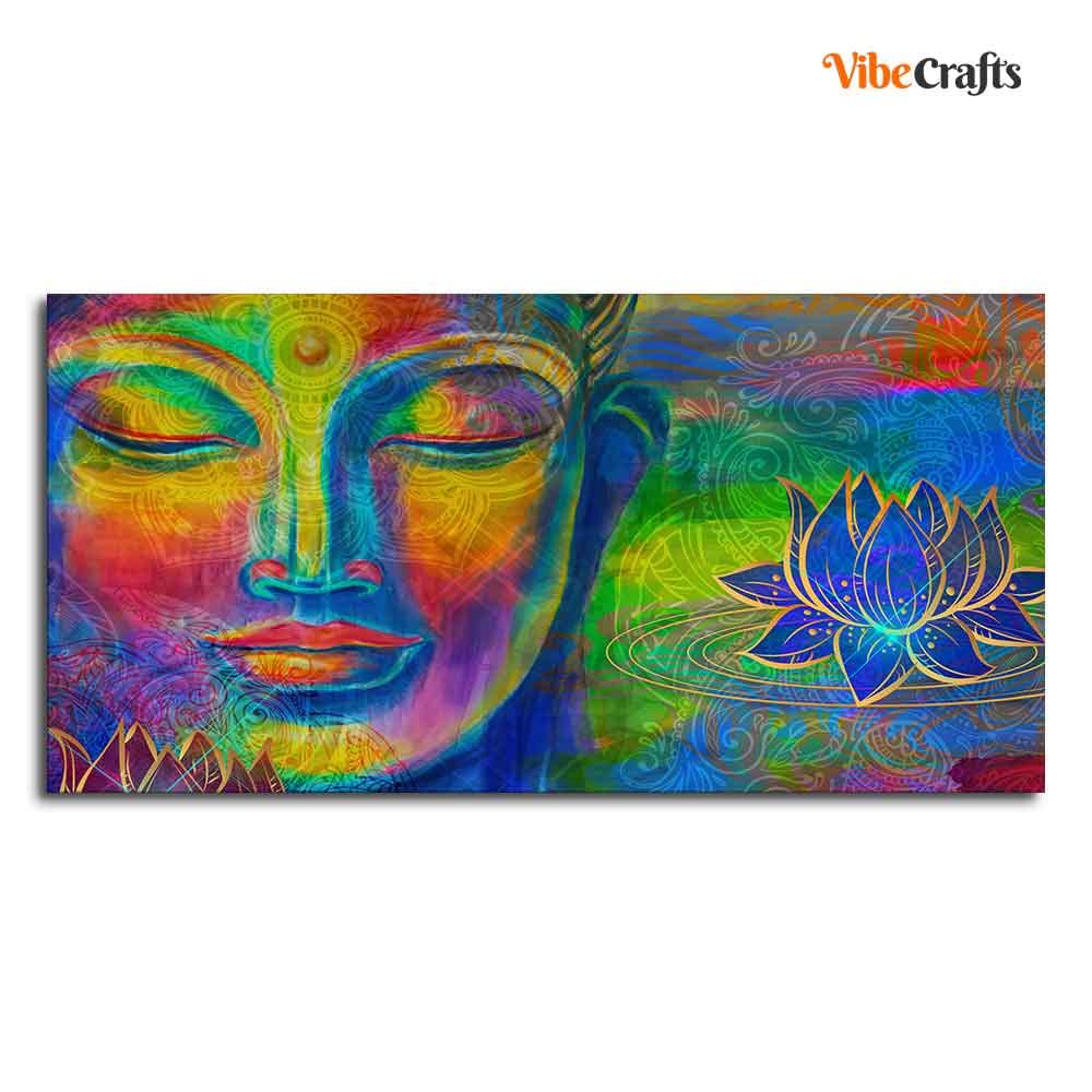 VIBECRAFTS Canvas Paintings for Living Room Drawing Room Colorful Head Of Buddha Canvas Wall Painting Fitted With Wooden Frame For Home | Office | Living Room | Gifts (PTVCH_2563)