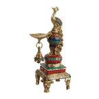 Artvarko Brass Multicolor Bird Peacock Hanging Chain Diya Oil Lamp Stand with Bell, 10 Inches