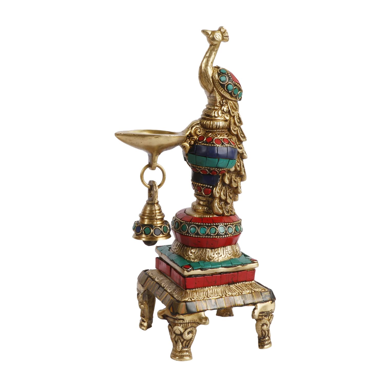 Artvarko Brass Multicolor Bird Peacock Hanging Chain Diya Oil Lamp Stand with Bell, 10 Inches