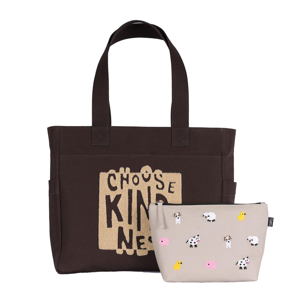 TSANTA U-Shaped Canvas Tote Bag with Pouch Combo (Large, Kindness Print) | Cotton Shoulder Tote with Zipper Closure | Reusable Shopping, Travel & Everyday Carry Bag for Women