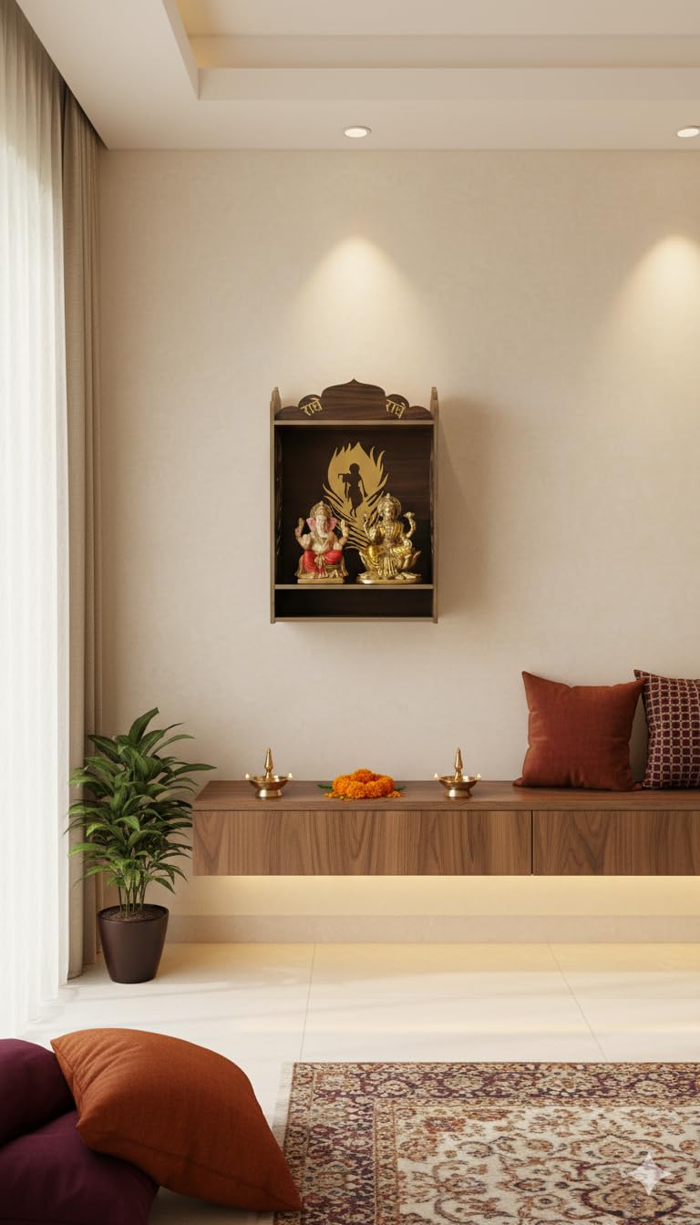 Wooden Temple for Home, Wall Mounted, Decorative Carved Design with Gold Accents, Dark Brown