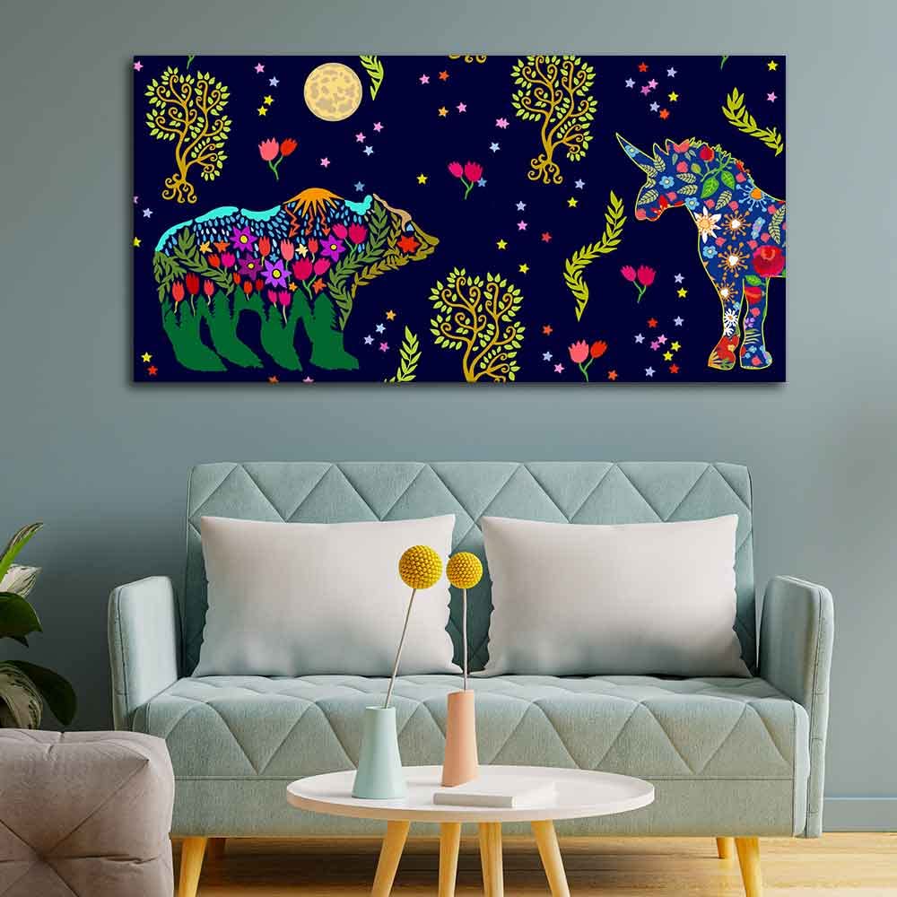 VIBECRAFTS Canvas Paintings for Living Room Drawing Room Folk Night Bears Canvas Wall Painting Fitted With Wooden Frame For Home | Office | Living Room | Gifts (PTVCH_2562)