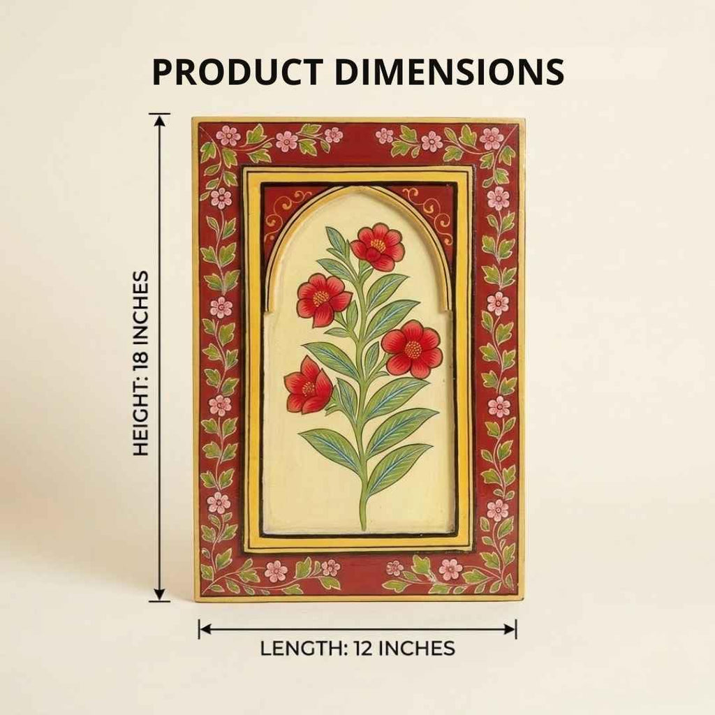 ATRANGI STUDIO Gulnar Handpainted Wooden Wall Frame | Rajasthani Traditional Craft | Decorative Floral Wall Hanging Art for Living room, Bedroom, Office | 12×18 Inch, Red