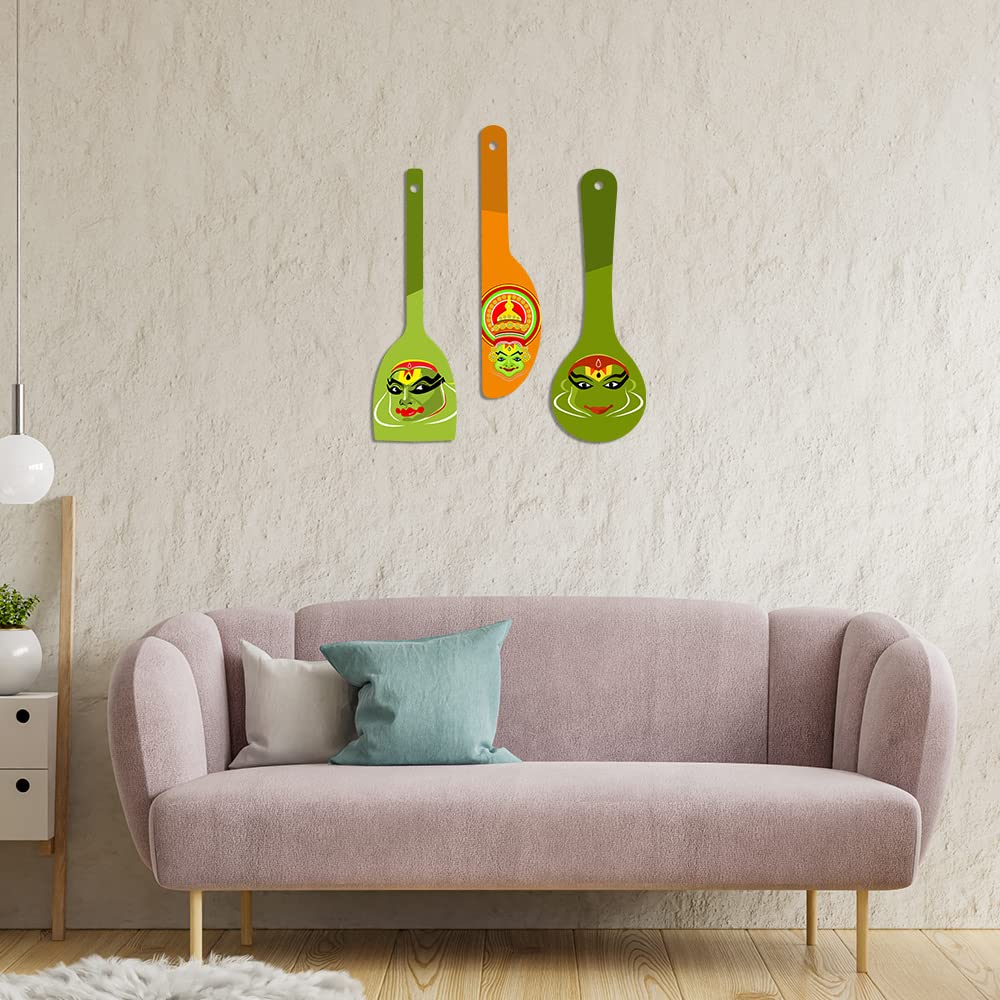 Artvibes Traditional Indian Kathakali Faces Wooden Wall Hanger for Home Decor | Wall Sculpture | Signs & Plaques | Handcrafted Art | Wall Illustrations | Art For Wall | Gift Items (WH_5014N), Set of 3