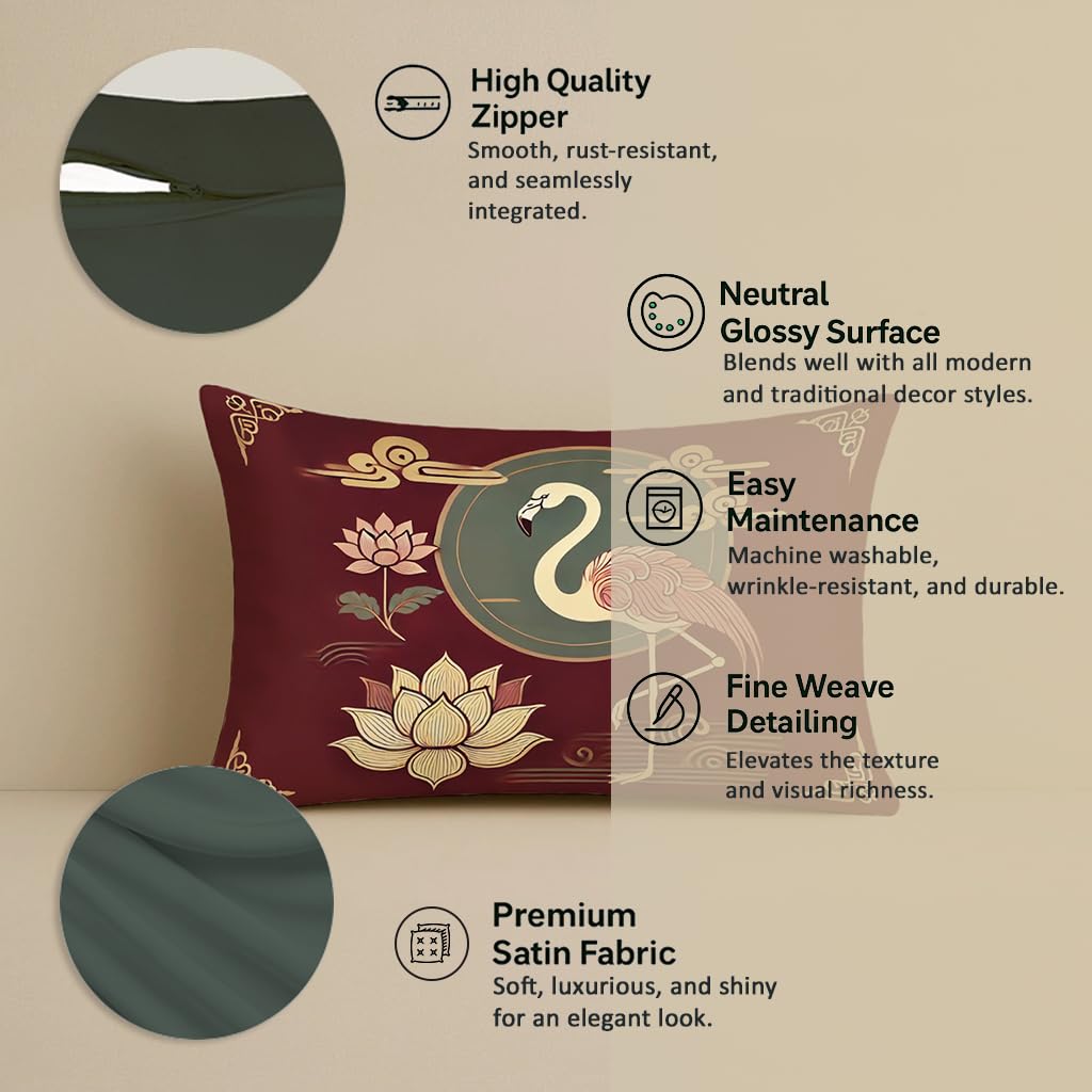 STITCHNEST Satin Cushion Covers Pack of 2 Oriental Flamingo & Lotus Print in Maroon and Gold, 12x18 Inch Decorative Cushion Set for Spiritual and Artistic Living Room Decor