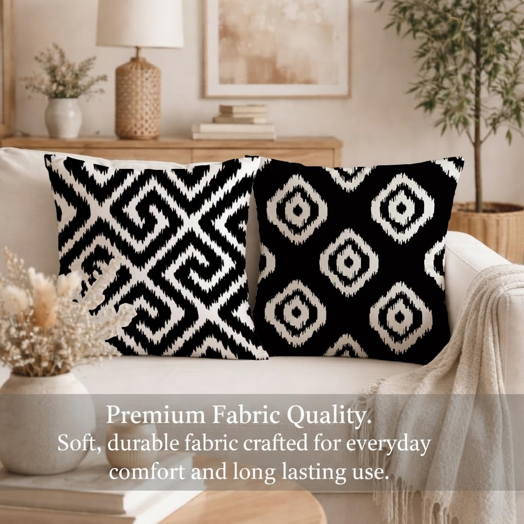 STITCHNEST Set of 2 Polycotton Cushion Covers – 24x24 Inches – Black & White Ikat Geometric Print – Elegant Cushion Covers for Sofa & Living Room | Perfect for Home Decor
