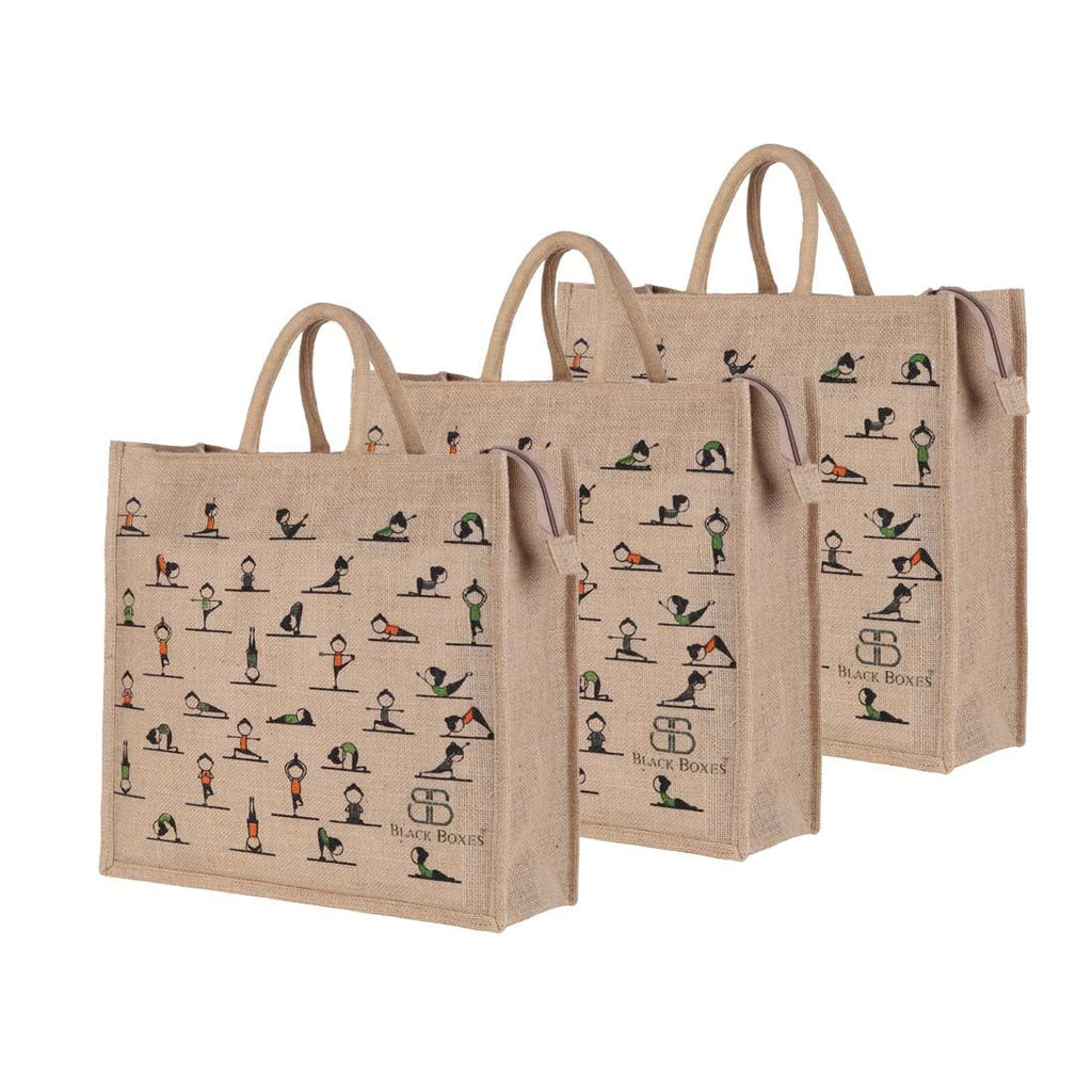 BLACKBOXES Unisex Adult Big Eco Cotton Jute Shopping Bags For Carry Milk Grocery Fruits Vegetable With Reinforced Handles Lunch Bag (Medium, Pack Of 3)