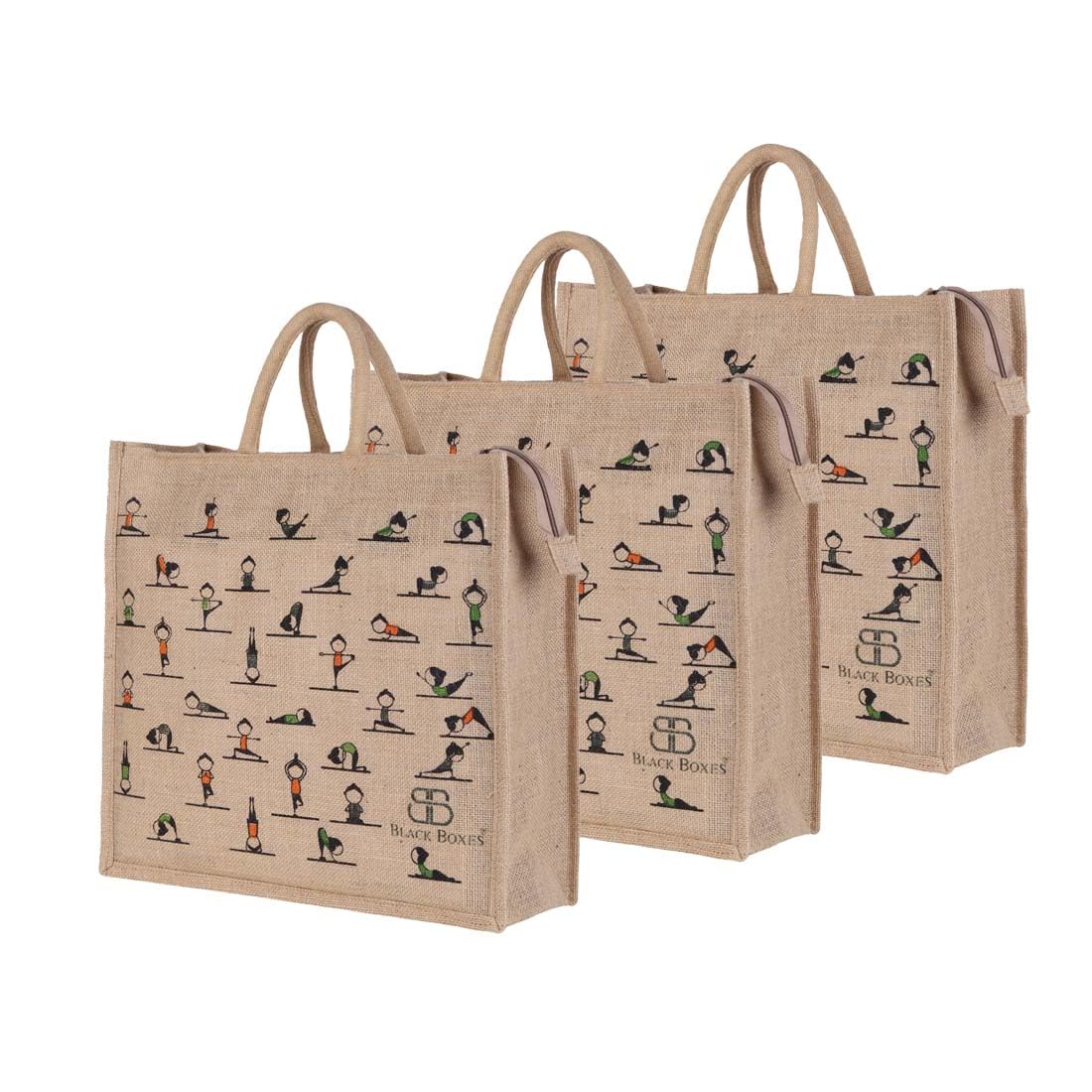 BLACKBOXES Unisex Adult Big Eco Cotton Jute Shopping Bags For Carry Milk Grocery Fruits Vegetable With Reinforced Handles Lunch Bag (Medium, Pack Of 3)